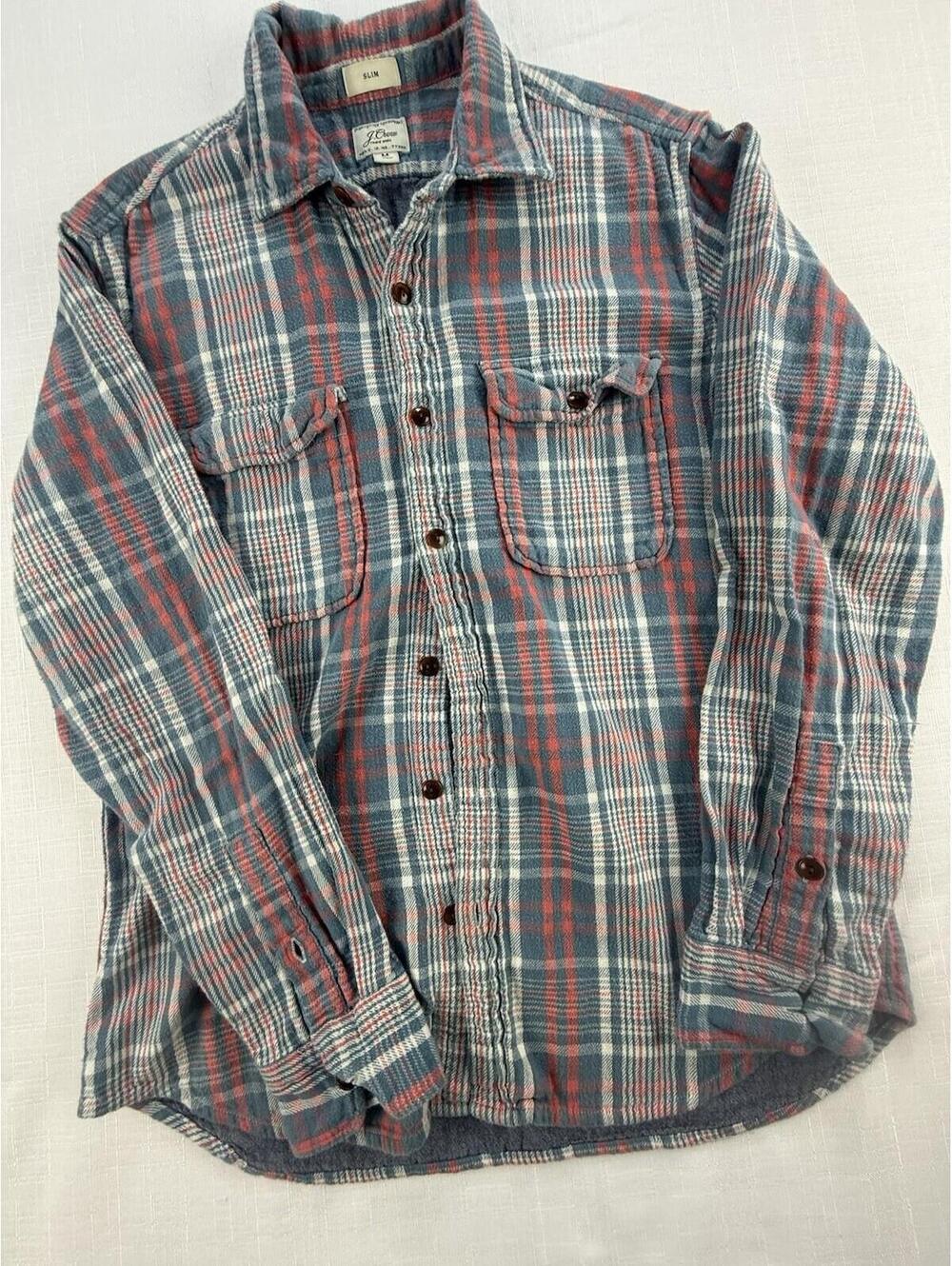 J Crew Slim Fit Plaid Flannel Shirt Jacket Mens Medium Blue Red Button Front